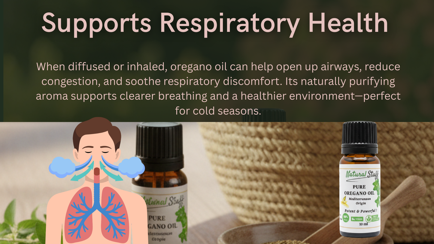 Oregano oil bottles with a diagram of lungs and text about respiratory health.