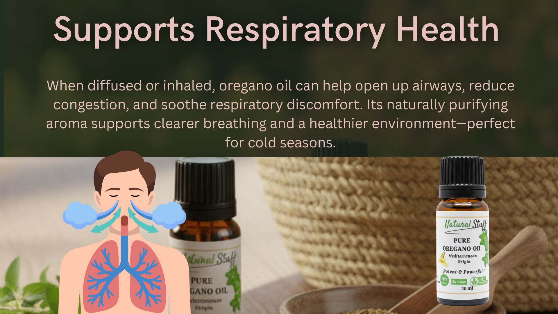 Oregano oil bottles with a diagram of lungs and text about respiratory health.