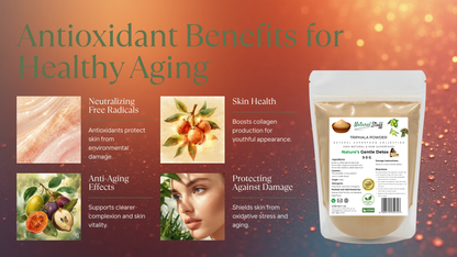 Product packaging with antioxidant benefits for healthy aging on a warm gradient background