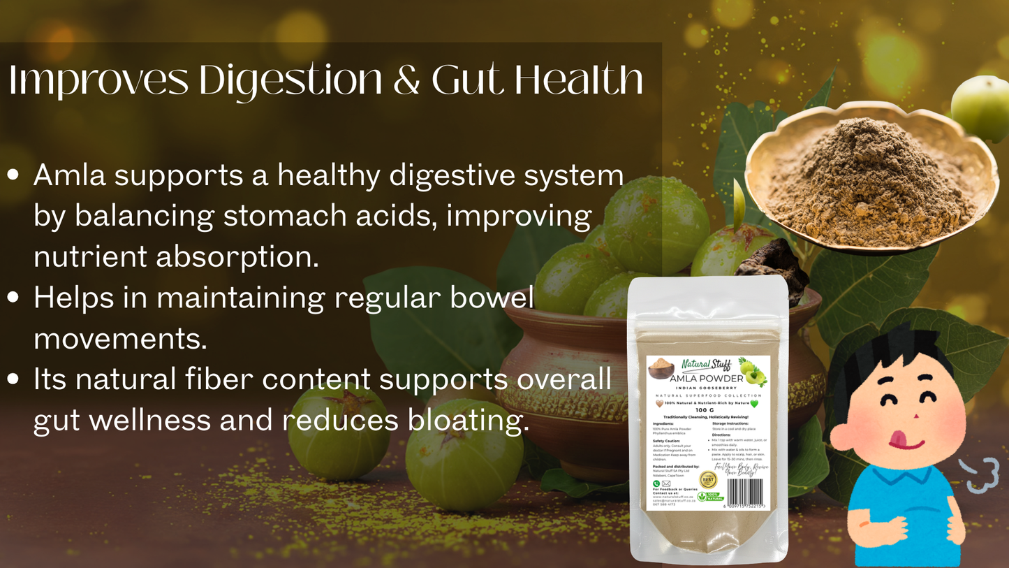 Amla powder packaging with text about digestion and gut health on a dark background.