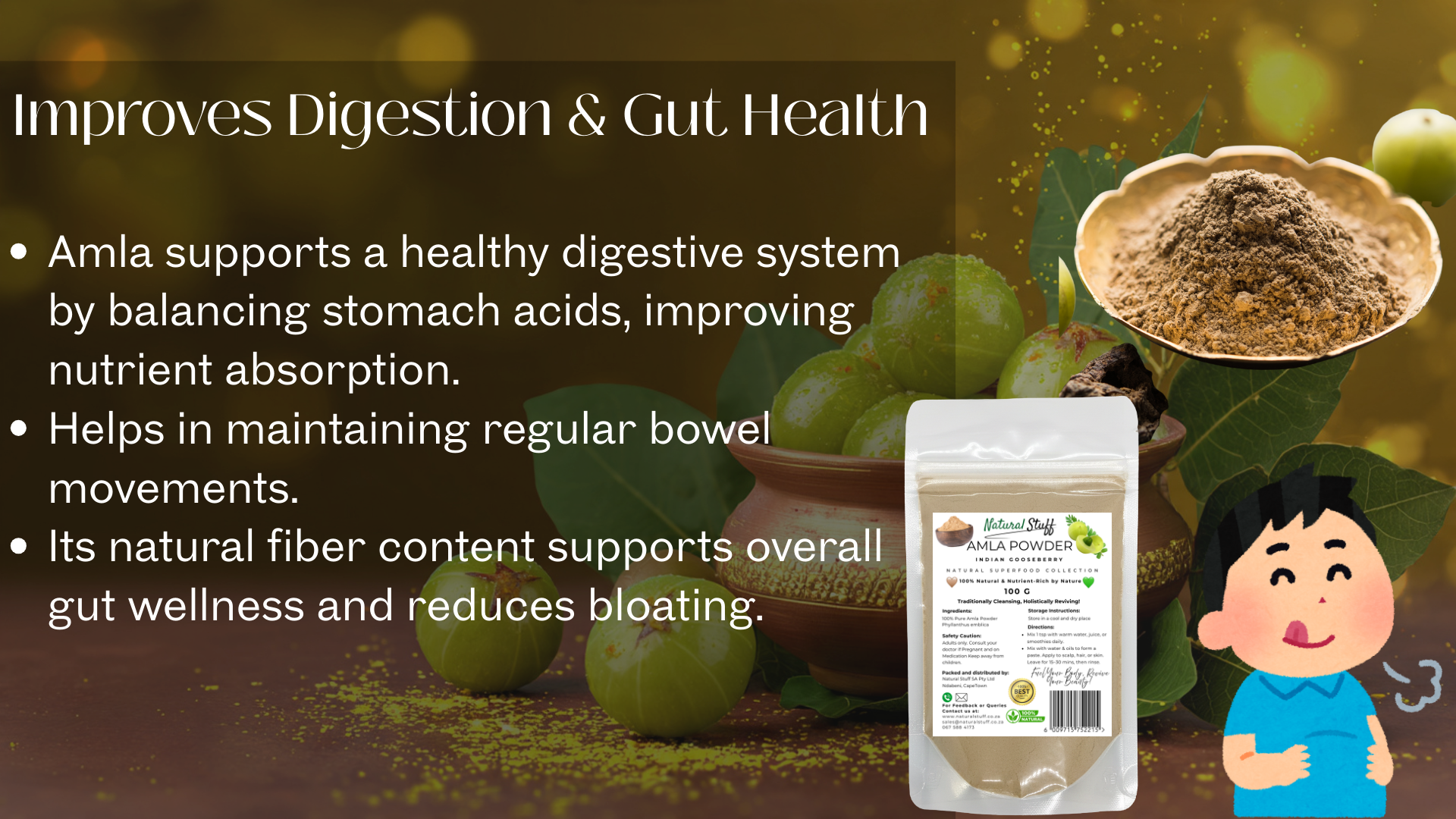 Amla powder packaging with text about digestion and gut health on a dark background.