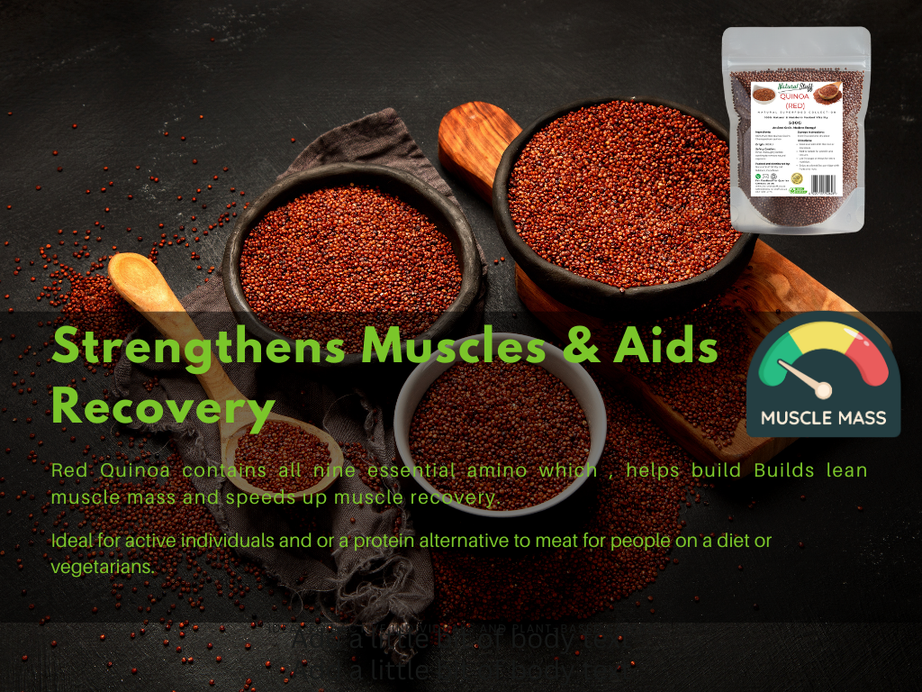 Red quinoa in bowls with packaging on a dark background, highlighting health benefits.
