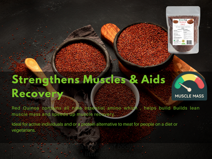 Red quinoa in bowls with packaging on a dark background, highlighting health benefits.