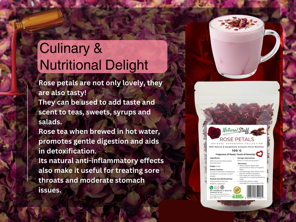 Rose petal packaging with a cup of pink tea and text about rose petals' culinary and nutritional benefits.