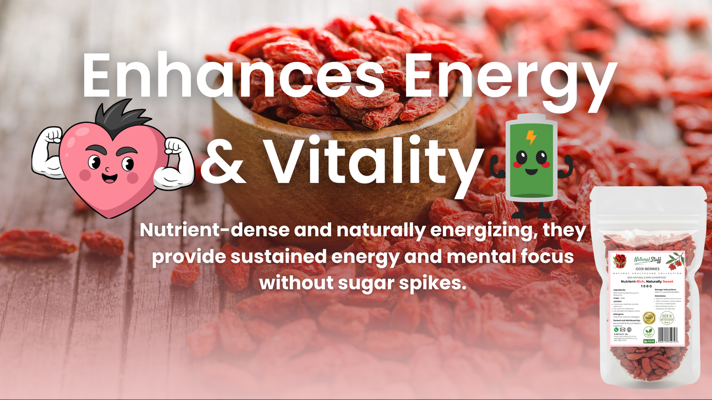 Dried berries with text highlighting energy and vitality benefits, and a package of the product.