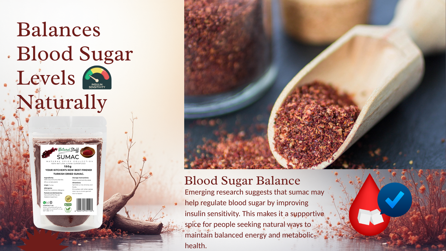 Sumac spice with a container labeled 'Sumac' and text about balancing blood sugar levels.