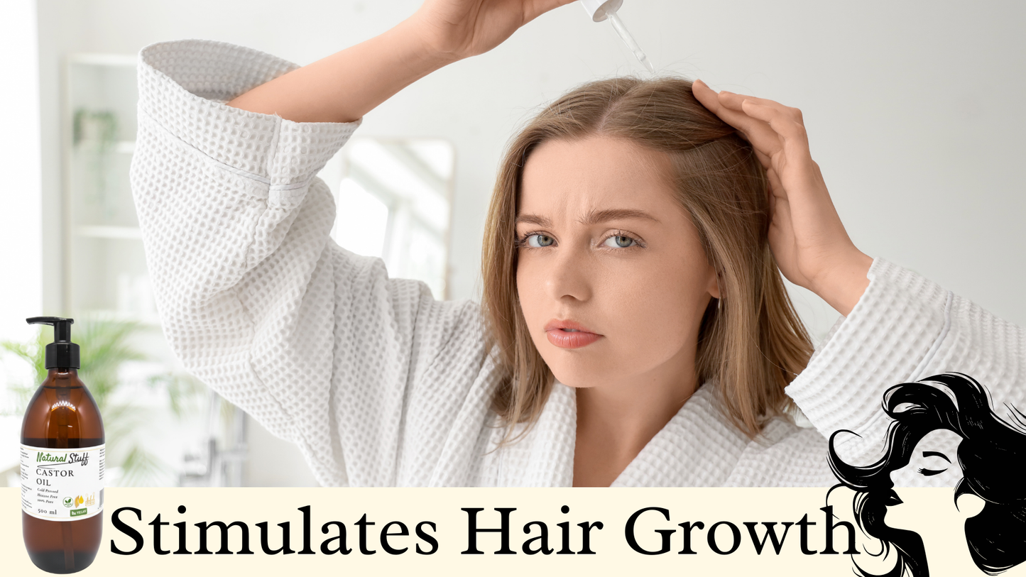 Woman in a white robe with a bottle of hair care product, promoting hair growth.