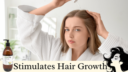 Woman in a white robe with a bottle of hair care product, promoting hair growth.
