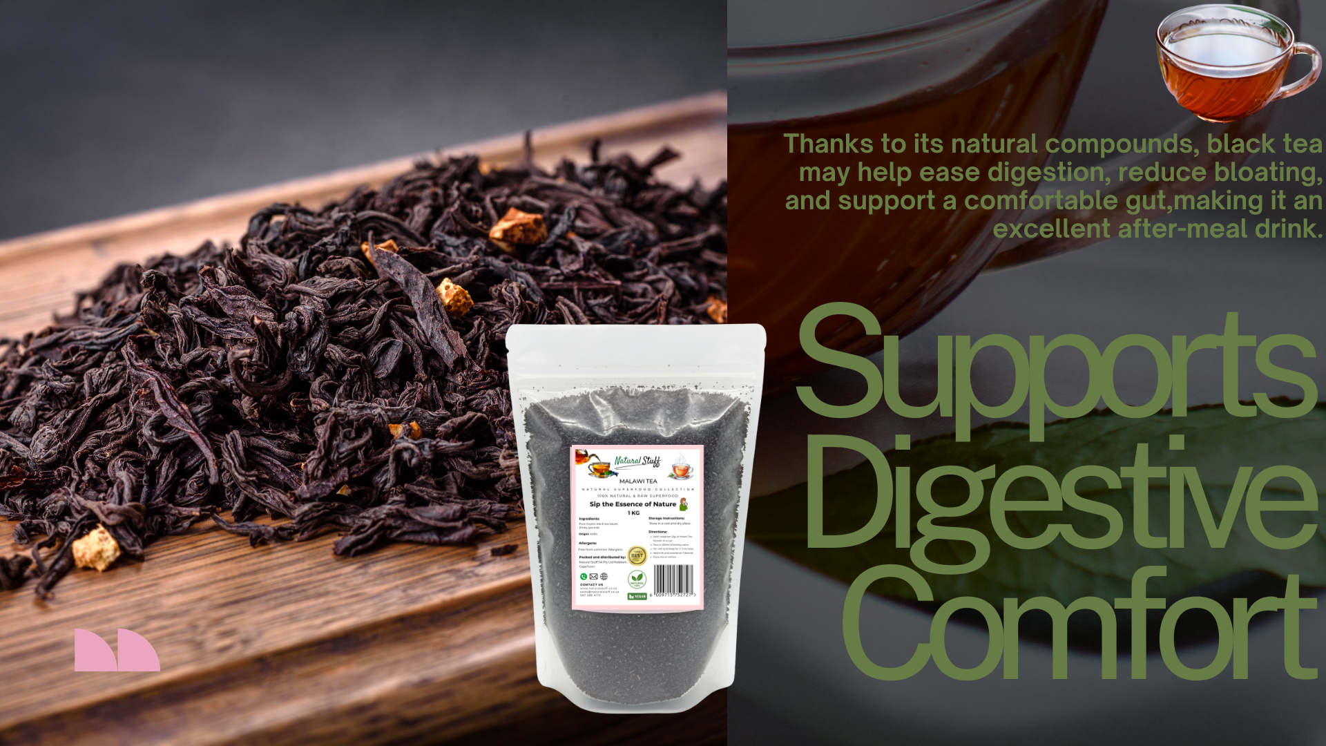 Black tea leaves on a wooden board with a package and promotional text about digestive benefits.