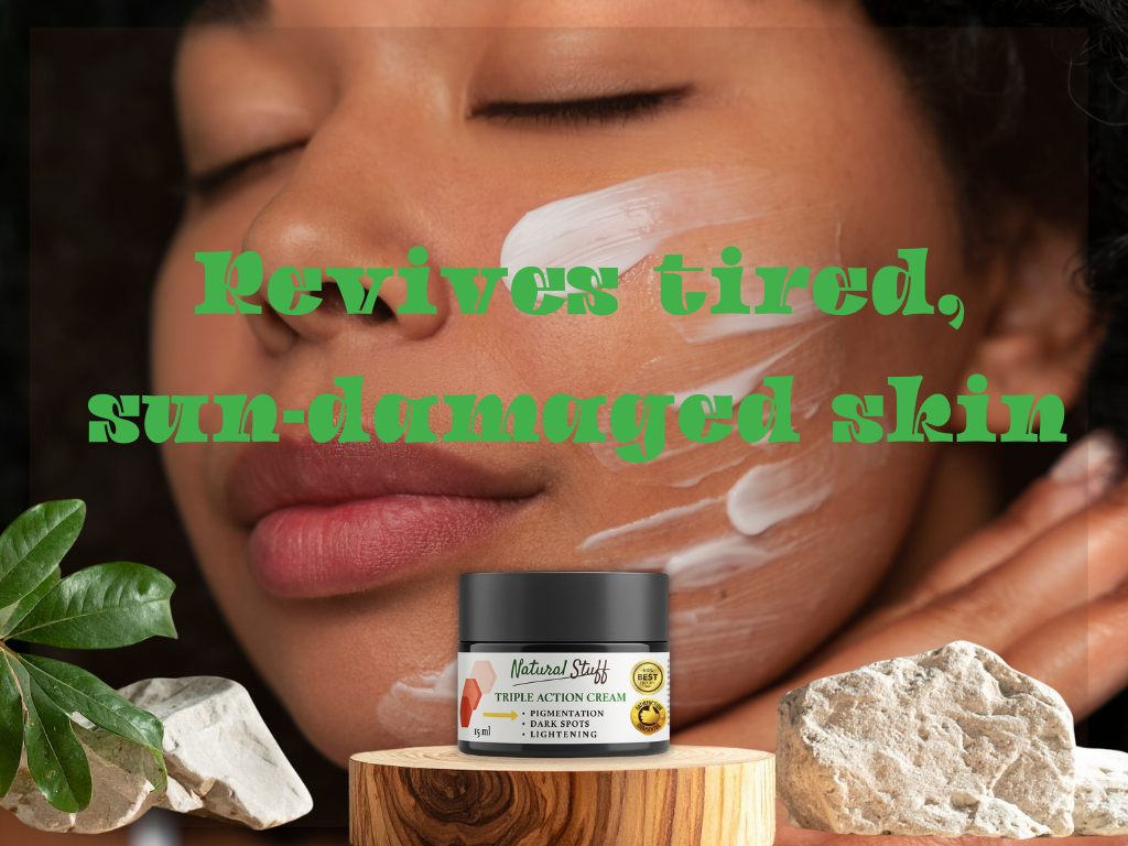 Woman applying cream to her face with a jar of Natural Stuff cream and natural elements in the background.