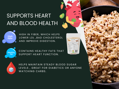 Brown rice with health benefits text and graphics on a green background
