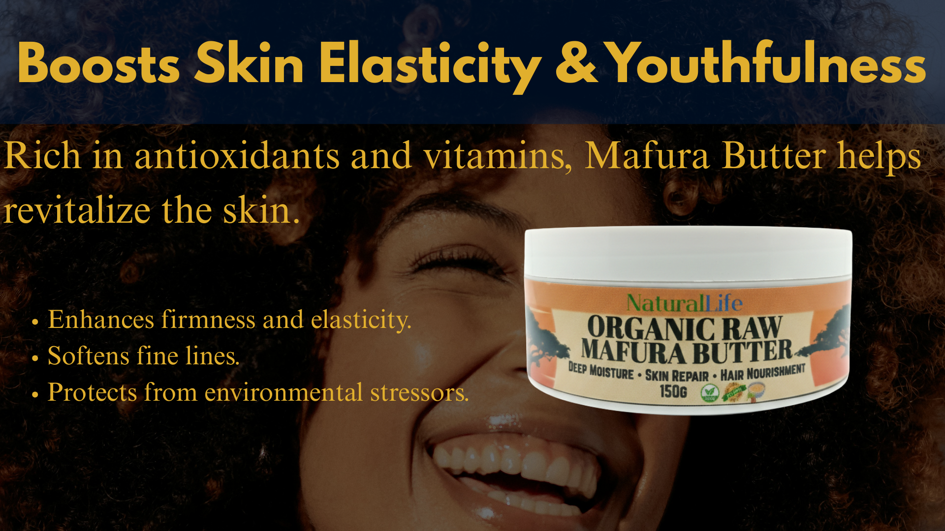 Advertisement for Organic Raw Mafura Butter with a woman's face and product packaging.