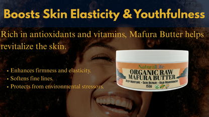 Advertisement for Organic Raw Mafura Butter with a woman's face and product packaging.