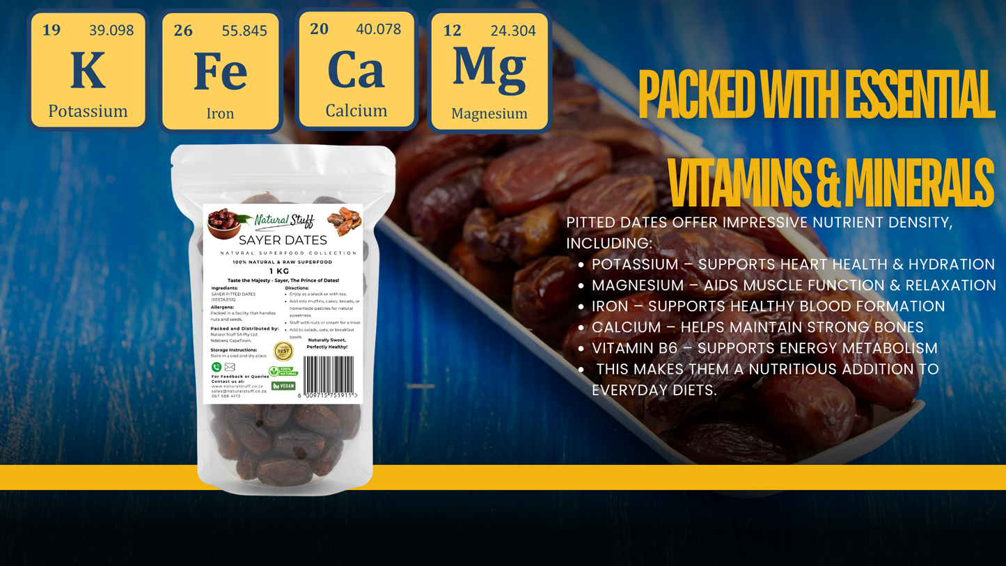 Saver Dates packaging with nutritional information and benefits on a blue background