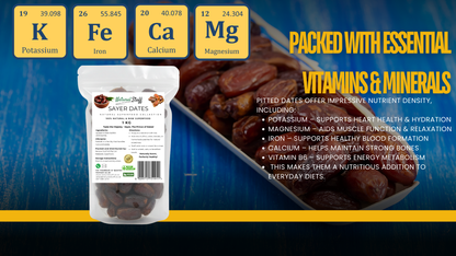 Saver Dates packaging with nutritional information and benefits on a blue background
