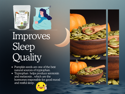 Advertisement for pumpkin seeds with images of seeds, pumpkins, and a person sleeping, highlighting their sleep-improving qualities.