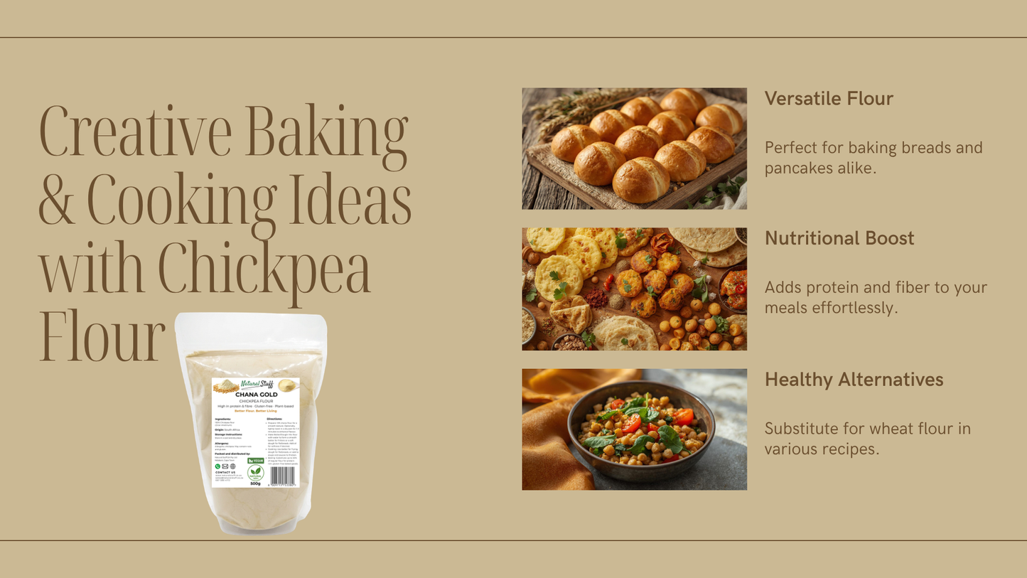 Advertisement for chickpea flour with images of baked goods, a bowl of vegetables, and text highlighting its uses.