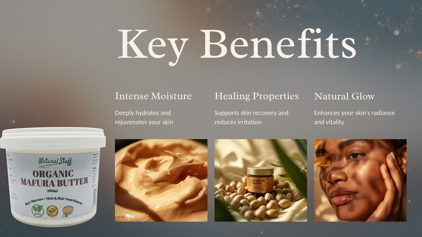 Promotional image of Organic Mafura Butter with key benefits listed and images of skin benefits.