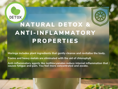 Detox product with text about natural detox and anti-inflammatory properties, set against a blurred green background.