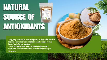 Jaggery with text about natural antioxidants on a green background