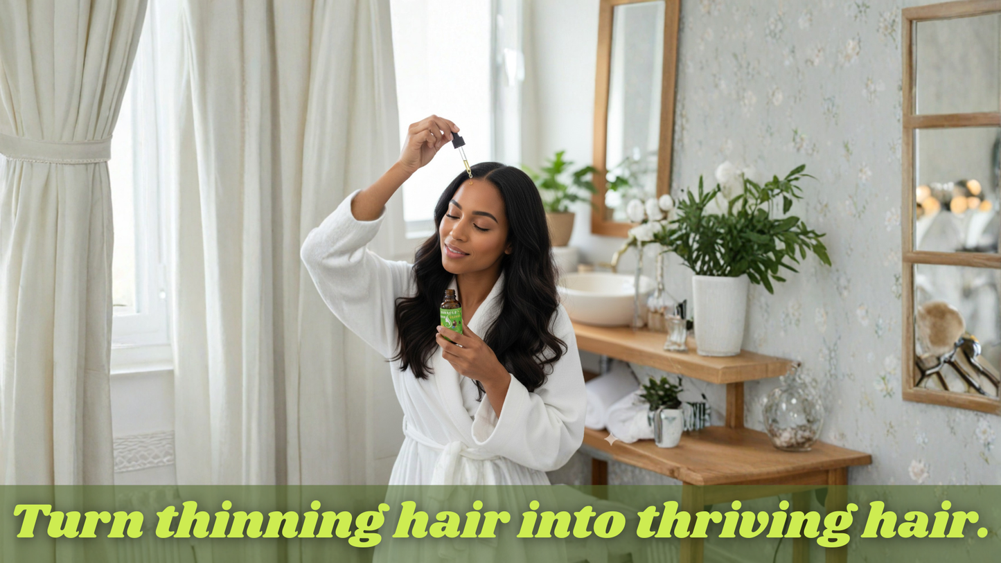 Woman in a bathroom applying hair product to her hair with text overlay.