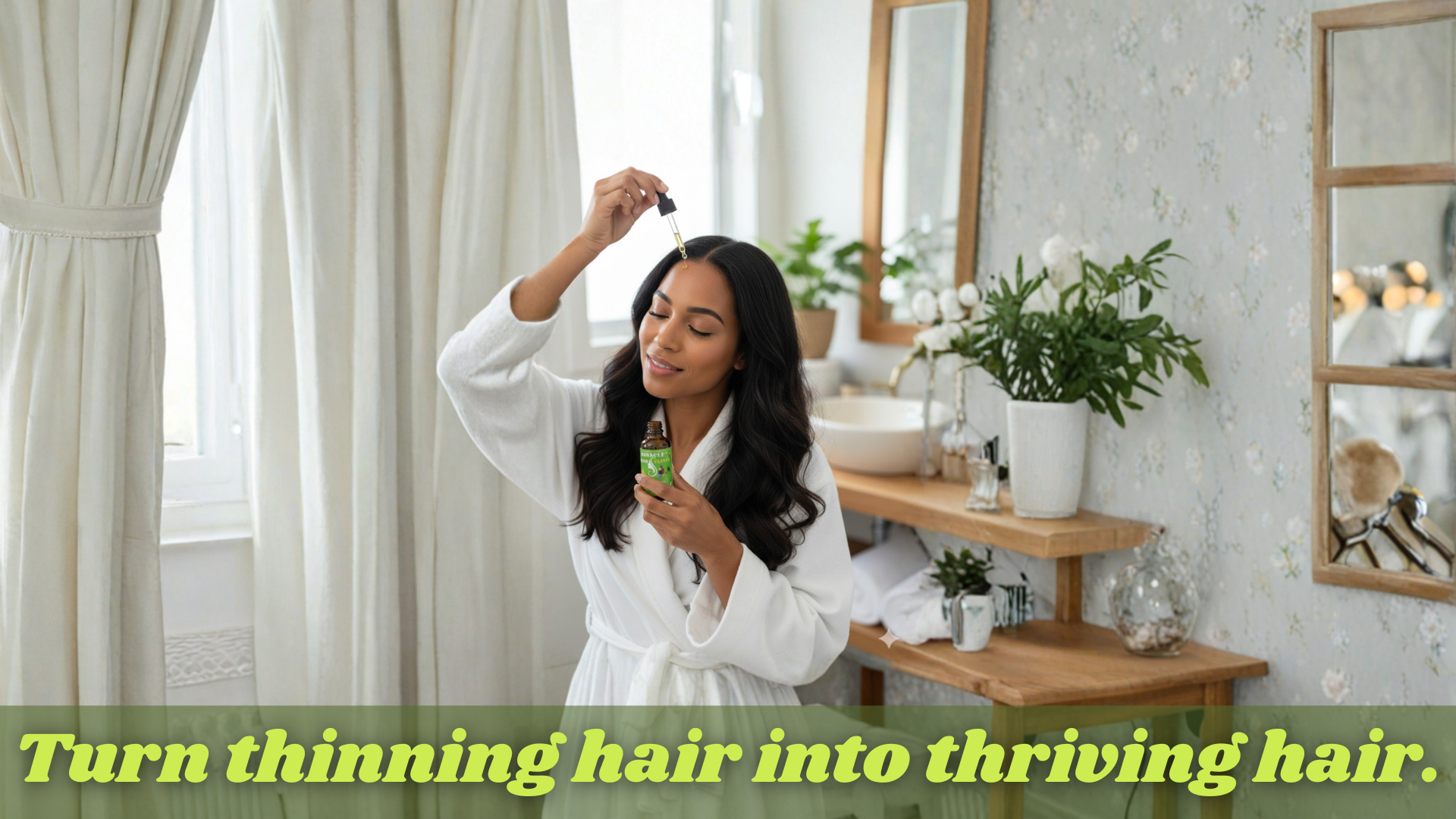 Woman in a bathroom applying hair product to her hair with text overlay.