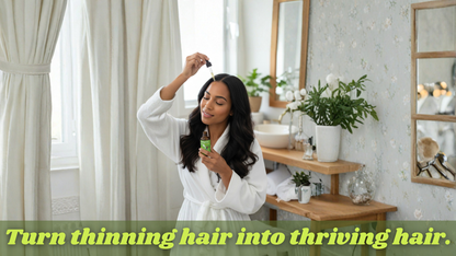 Woman in a bathroom applying hair product to her hair with text overlay.