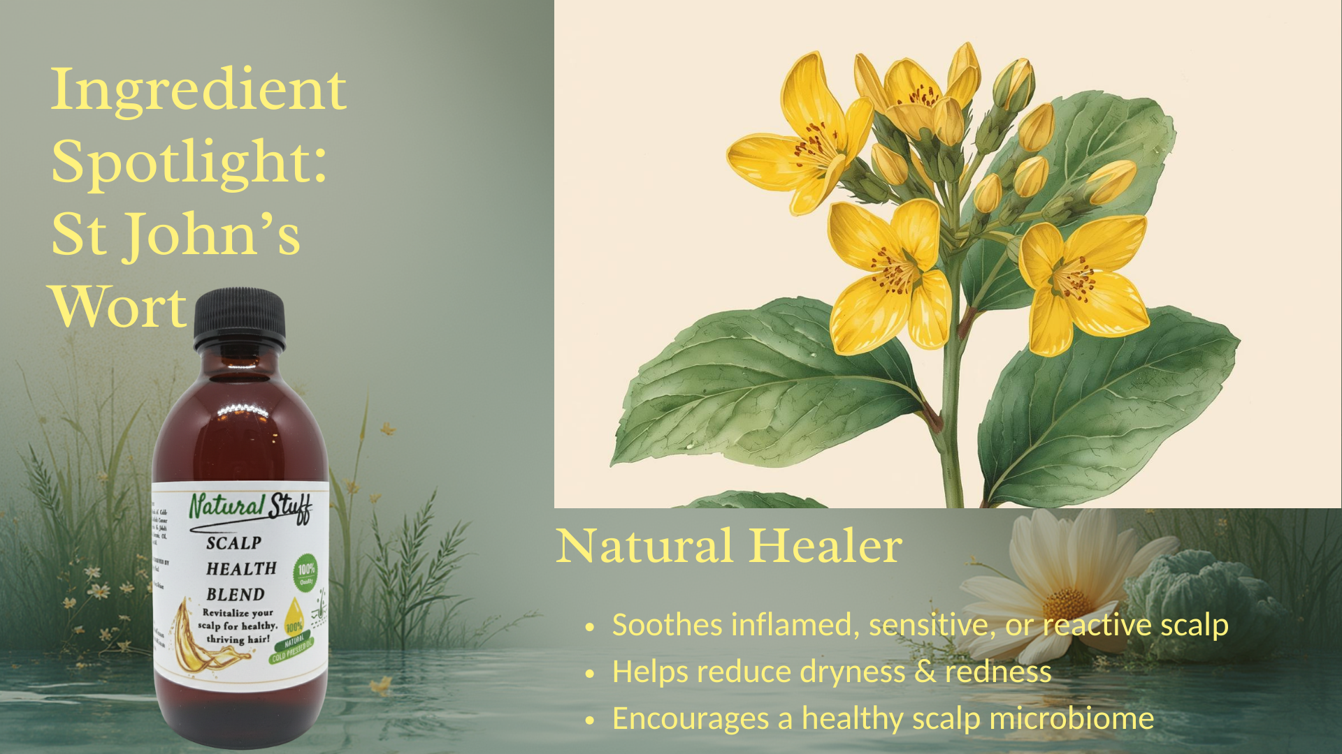 Bottle of Natural Healer Scalp Health Oil with St John's Wort illustration on a green background
