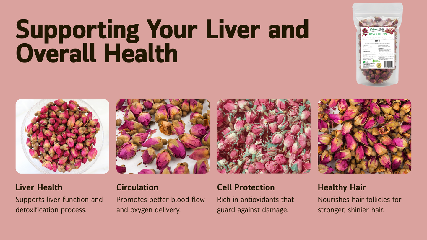 Product packaging with dried rose petals and text on liver health and overall health benefits on a pink background.