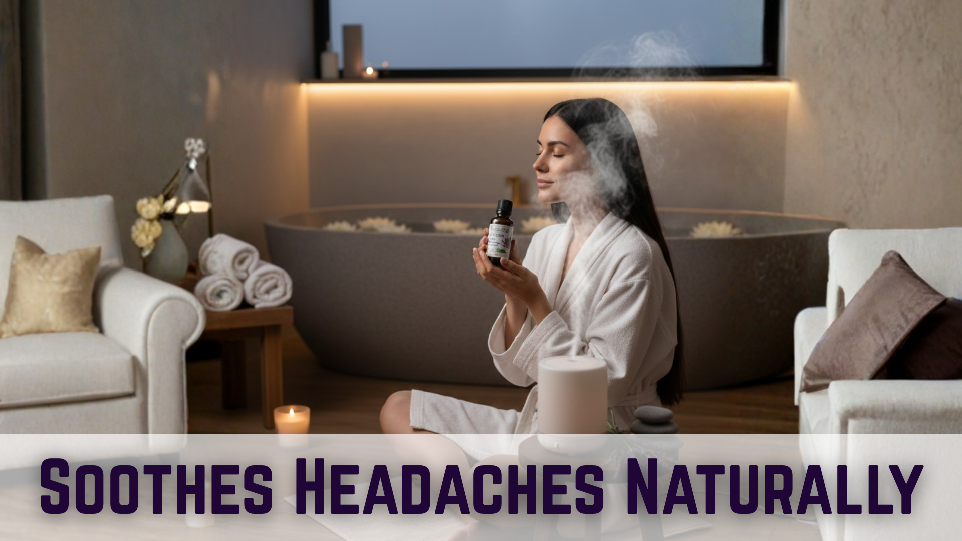 Woman in a bathrobe holding a bottle with text 'Soothes Headaches Naturally' in a spa-like setting.