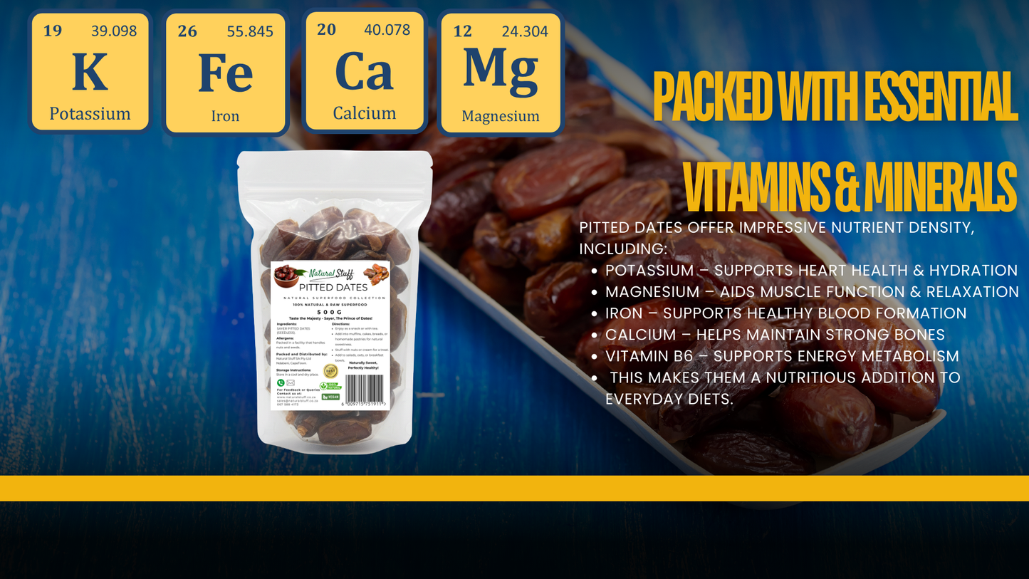 Packaged dates with nutritional information and vitamins/minerals text on a blue background