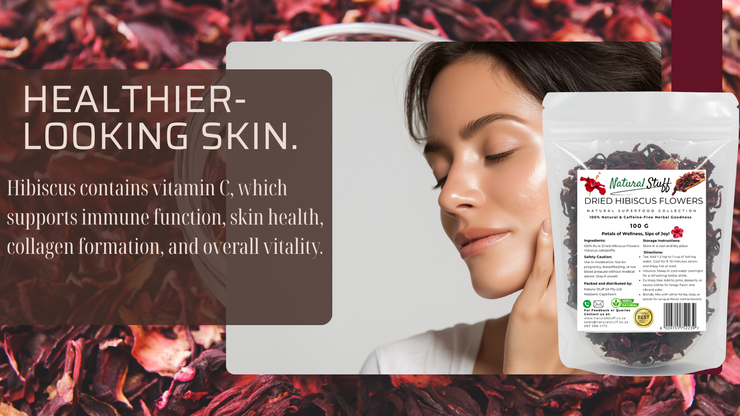 Woman holding a package of dried hibiscus flowers with text about healthier skin and immune function.