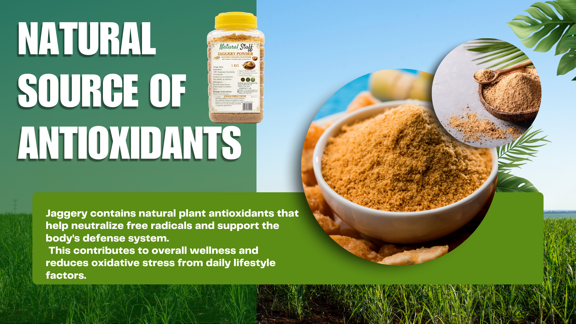 Jaggery product with text about antioxidants on a green background