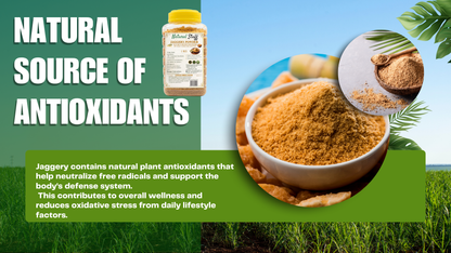Jaggery product with text about antioxidants on a green background