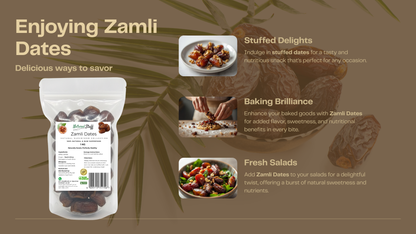 Promotional graphic for Zamli Dates with packaging and culinary uses on a brown background.