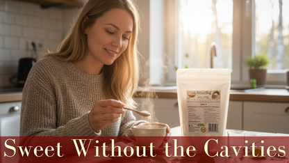 Woman in a kitchen eating cereal with a bowl of oats, with text 'Sweet Without the Cavities' on a red banner.