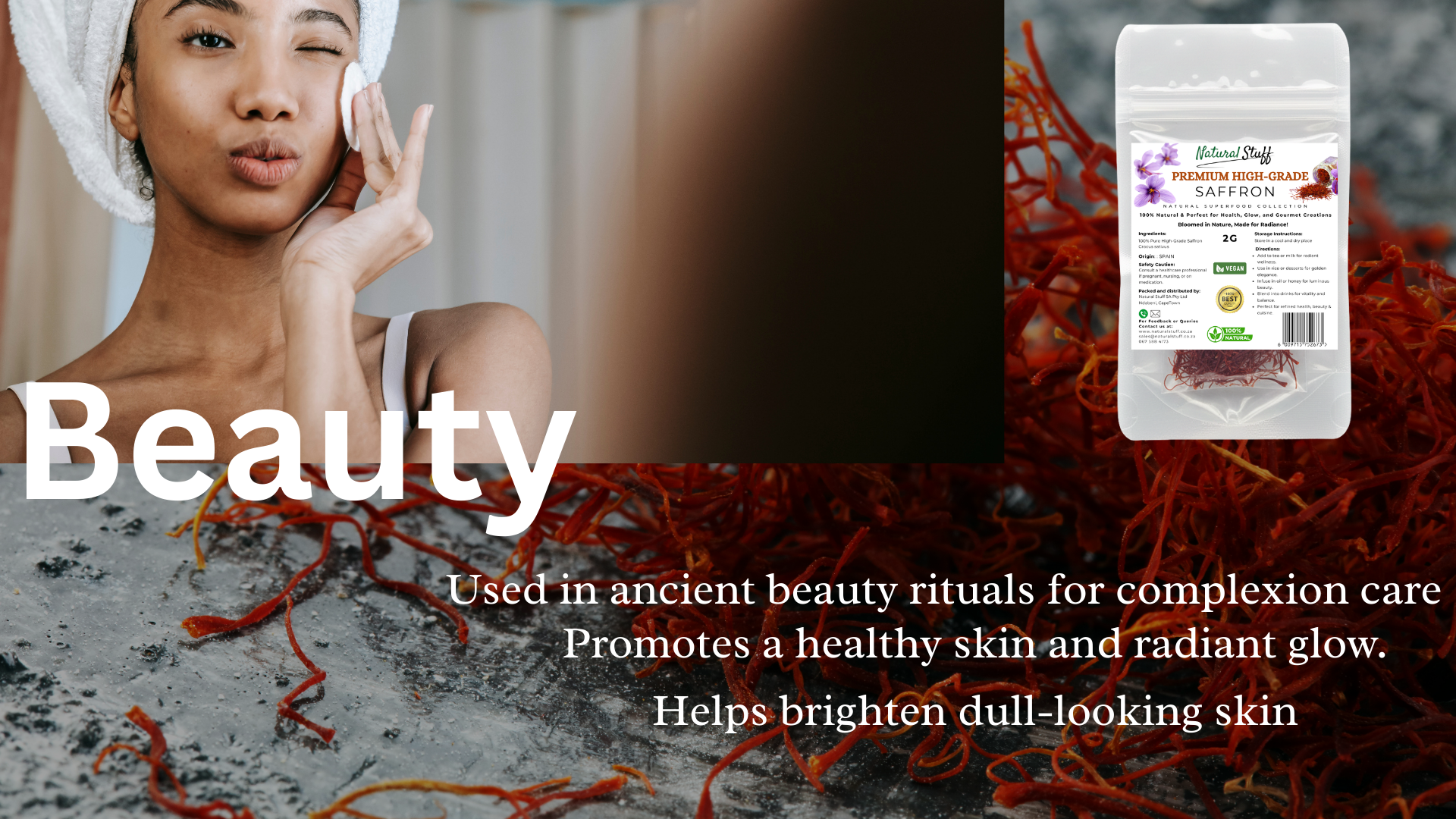 Woman with a towel on her head applying cream, with text about beauty and a product packaging.