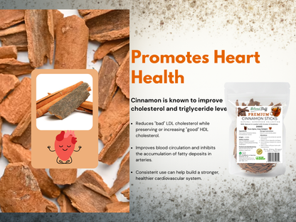 Cinnamon sticks with health benefits text on a textured background
