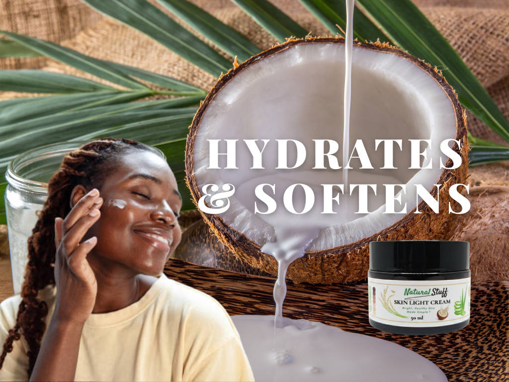 Coconut being poured over a jar, with a woman applying cream to her face, and a jar of Natural Skin Health cream.