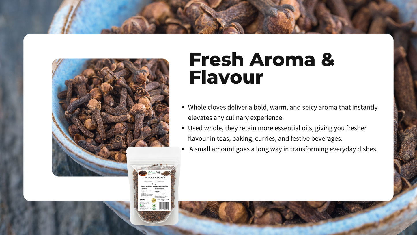 Cloves in a blue bowl with text about their aroma and flavor.