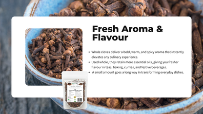 Cloves in a blue bowl with text about their aroma and flavor.