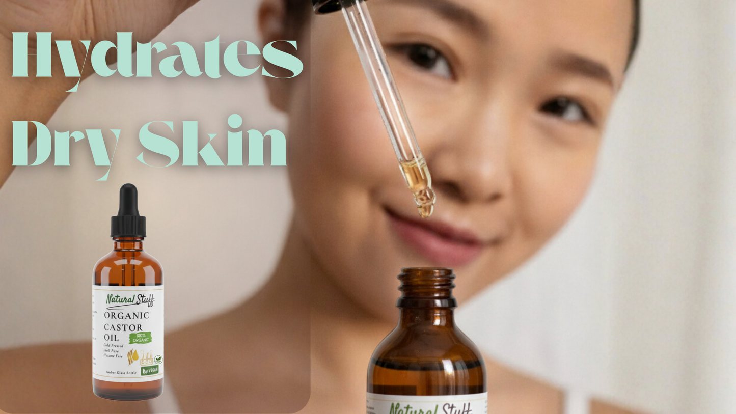 Woman applying oil to her face with a dropper, featuring Natural Stuffs organic carrier oil bottles.