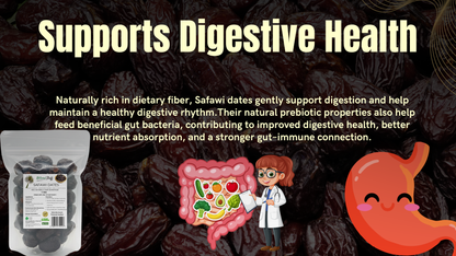 Advertisement for Safawi dates with text about digestive health and a cartoon character in a lab coat.