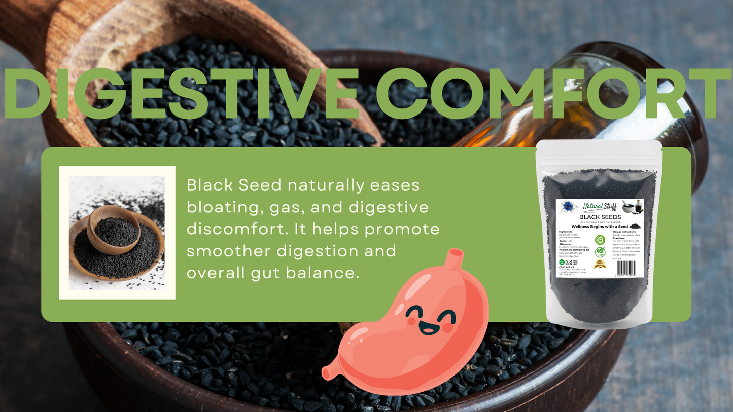 Black seed with promotional text about digestive comfort and a cartoon肠道.