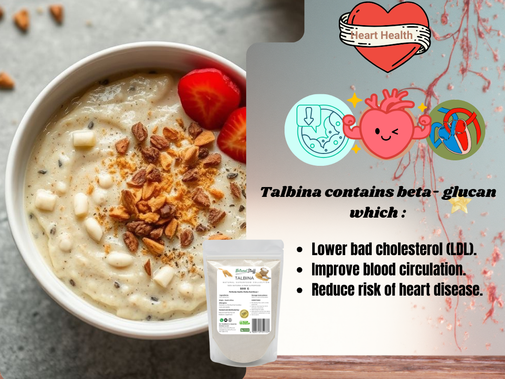  bowl of oatmeal with strawberries and a package of Talbina on a wooden surface, with heart health benefits text overlay.