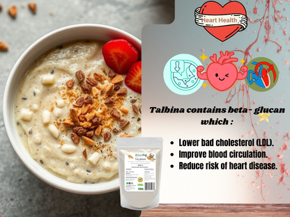  bowl of oatmeal with strawberries and a package of Talbina on a wooden surface, with heart health benefits text overlay.