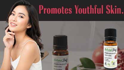 Woman with smooth skin next to pomegranate seed oil bottles with text 'Promotes Youthful Skin'.