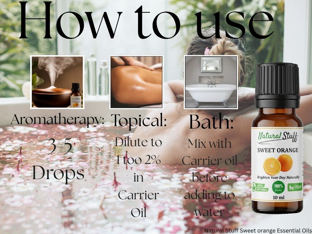 Bottle of Natural Stuff Sweet Orange Essential Oil with usage instructions 