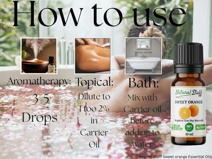 Bottle of Natural Stuff Sweet Orange Essential Oil with usage instructions 