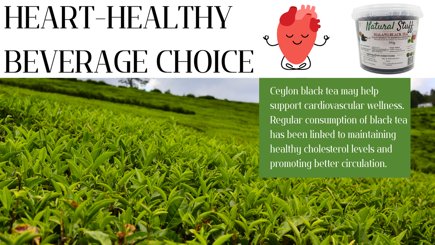 Tea field with a container of tea and text about heart-healthy beverage choice.